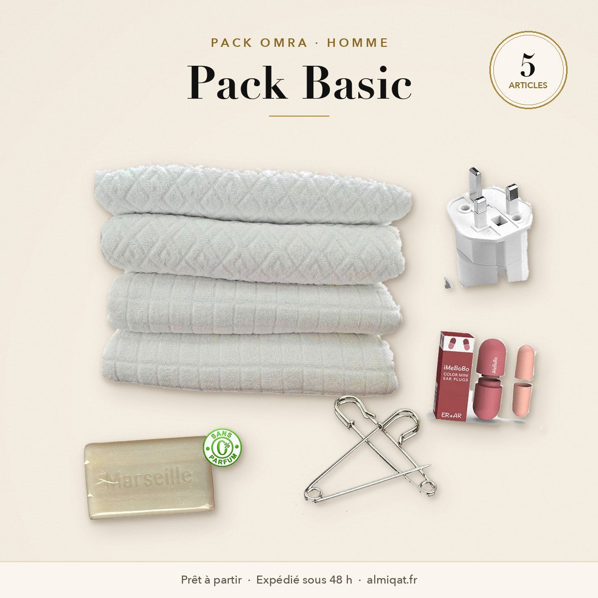 Pack Basic Omra Homme : ihram, épingles, savon sans parfum, bouchons d'oreilles et adaptateur