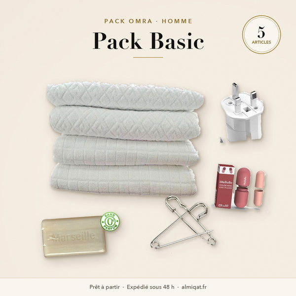 Pack Basic Omra Homme : ihram, épingles, savon sans parfum, bouchons d'oreilles et adaptateur