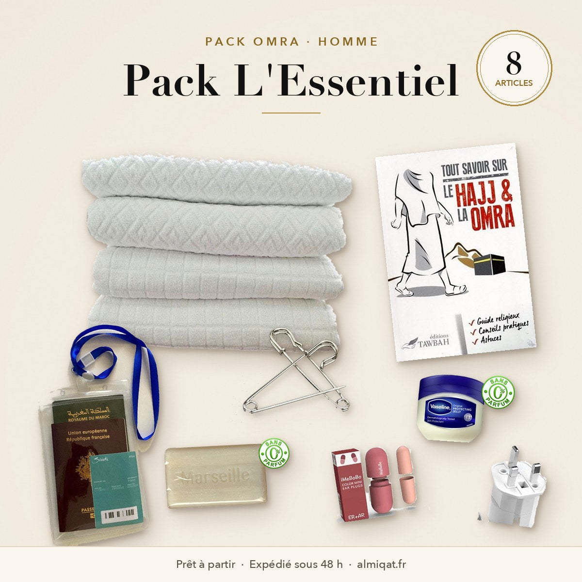 Pack L'Essentiel Omra Homme : 8 articles dont ihram, livre Tout savoir sur le Hajj et la Omra, Vaseline et porte-badge