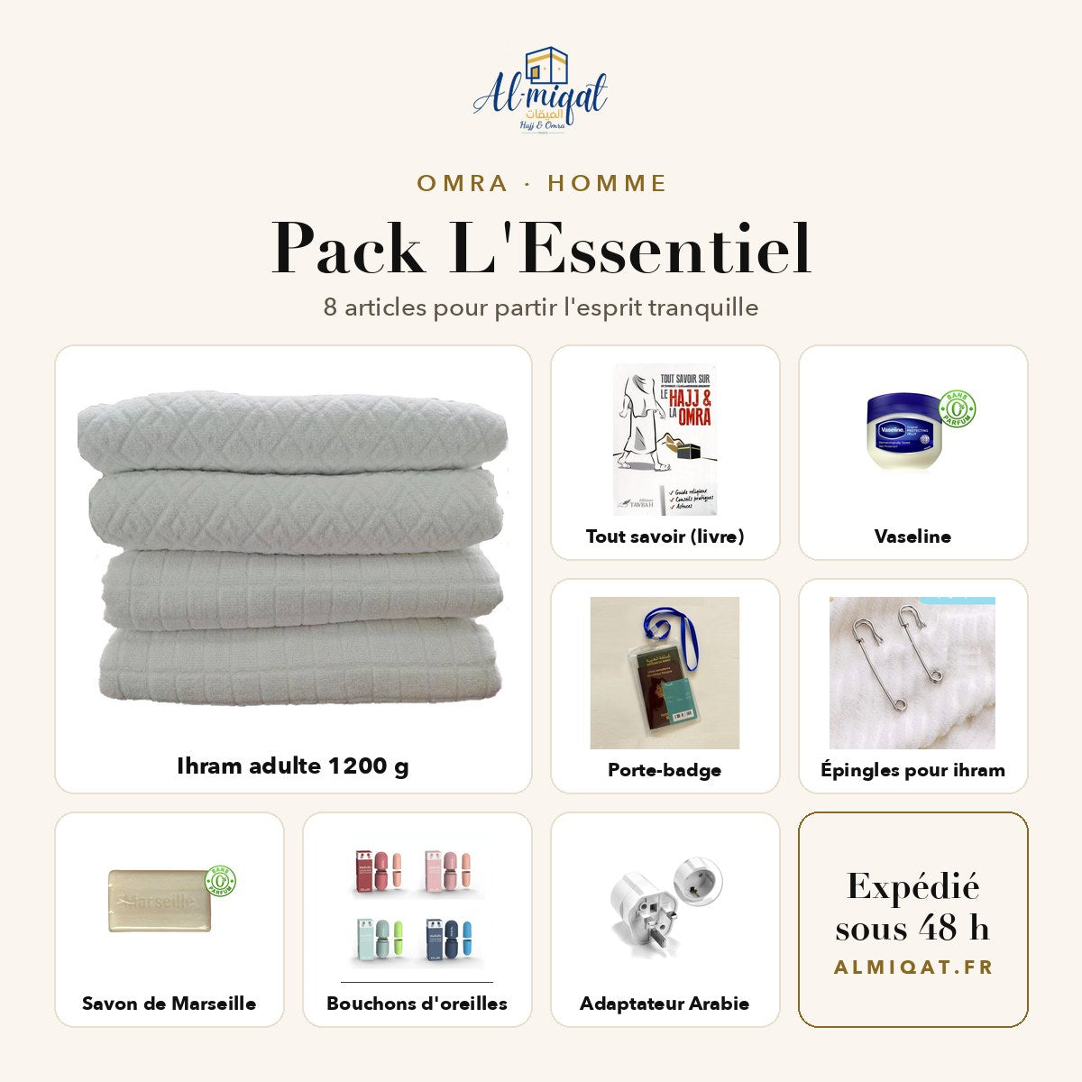 Pack L'Essentiel Omra – Homme : 8 articles dont ihram adulte, Tout savoir sur le Hajj et la Omra et Vaseline