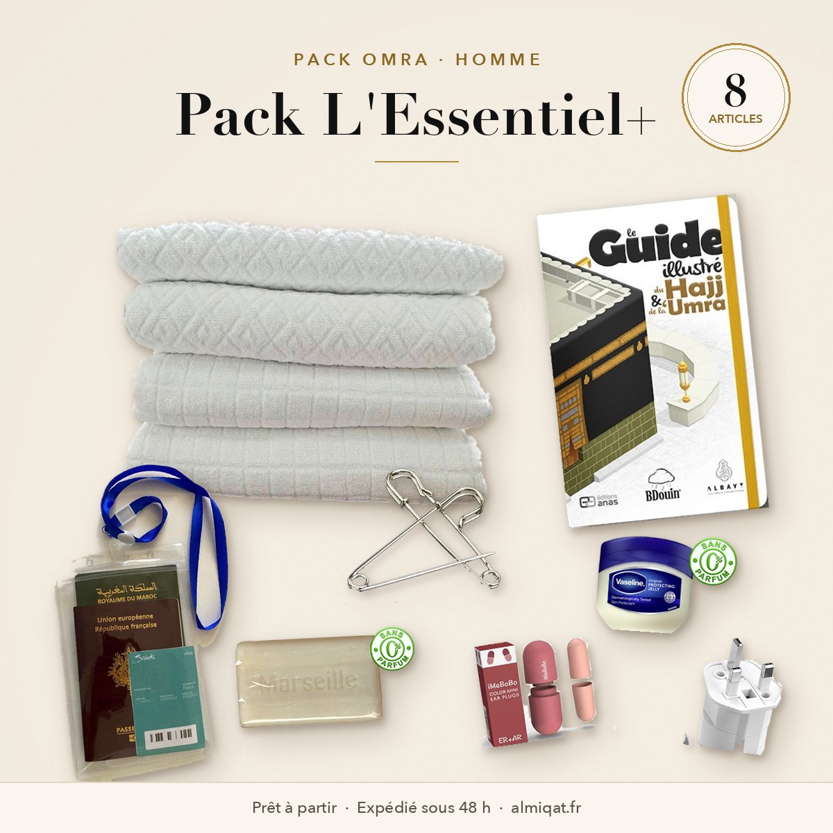 Pack L'Essentiel+ Omra Homme : 8 articles dont ihram, Guide illustré du Hajj et de la Umra, Vaseline et porte-badge