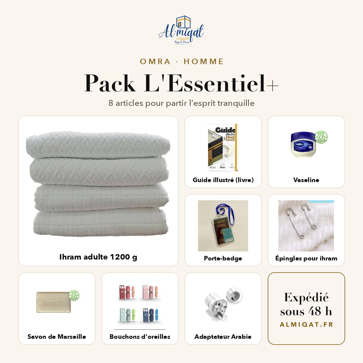 Pack L'Essentiel+ Omra – Homme : 8 articles dont ihram adulte, guide illustré du Hajj et Vaseline